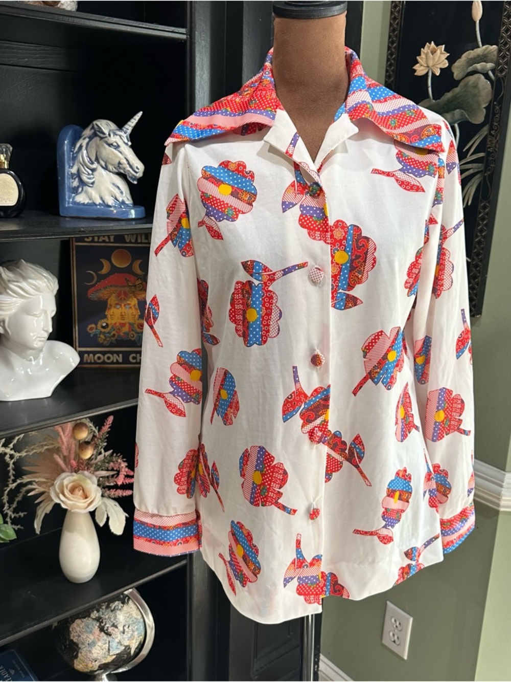 Toni Todd Vintage Patchwork Floral Button‑Down Shirt – Exaggerated Collar